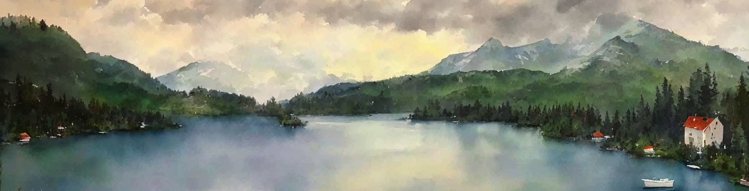 Panoramic painting of serene lake with boats and misty mountains