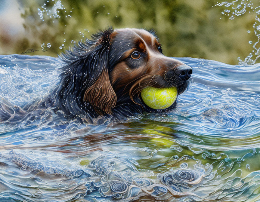 Brown dog swimming with yellow tennis ball in mouth.