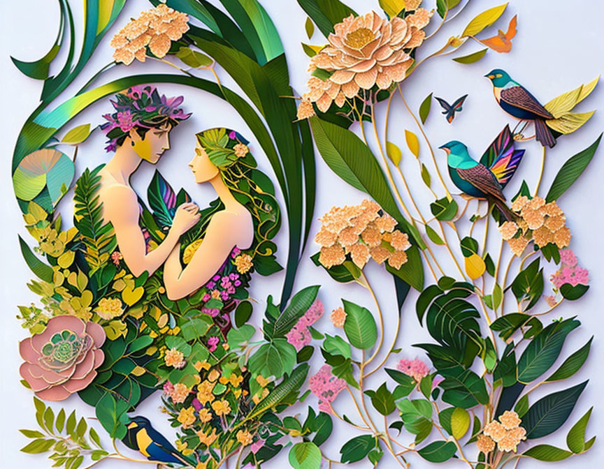 Colorful paper art of two facing profiles with floral designs and birds