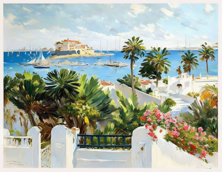 Colorful Coastal Scene with Palm Trees, White Buildings, Yacht, and Blue Sea