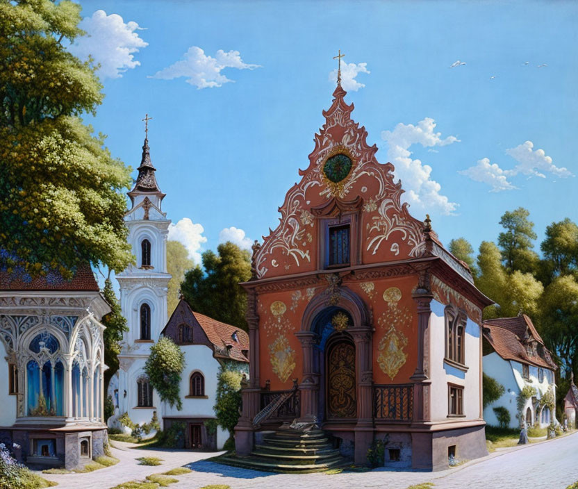 Detailed European village scene with ornate church and traditional buildings under clear blue sky