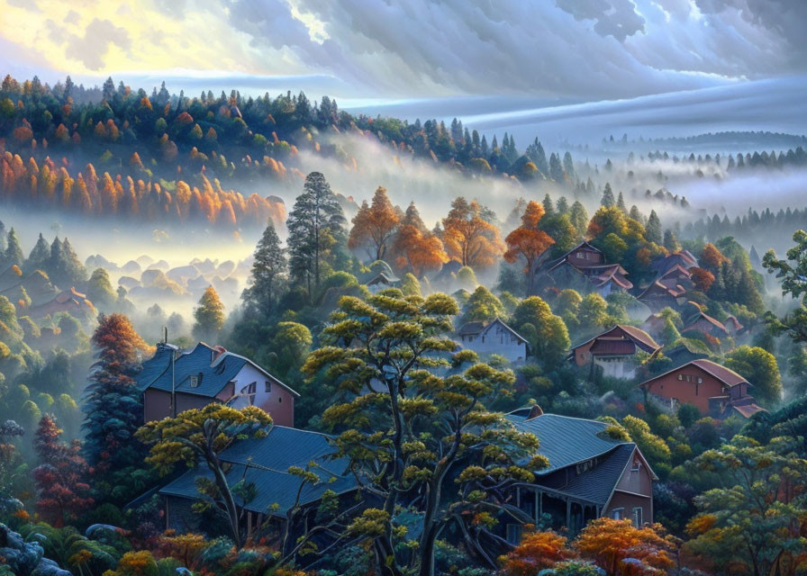 Autumn landscape with houses in misty dawn