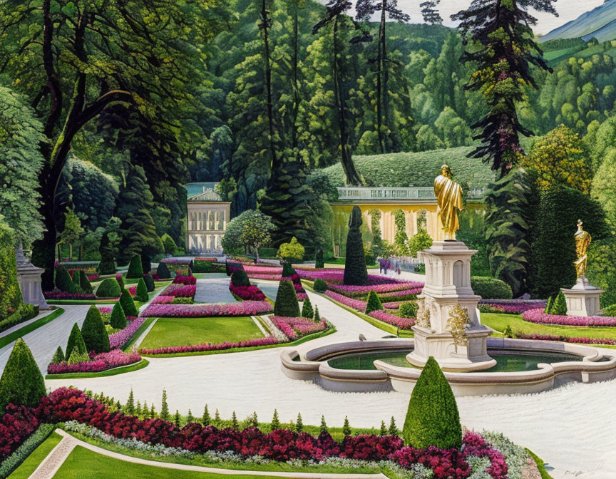 Manicured garden with ornate fountains and gold statues