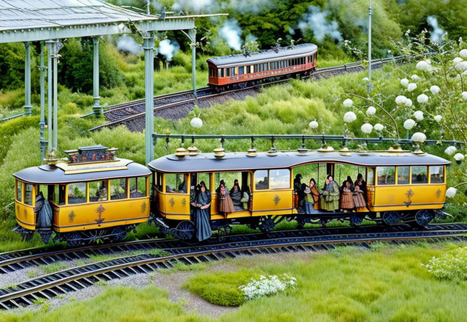 Miniature scene of vintage-style trams on parallel tracks amidst greenery