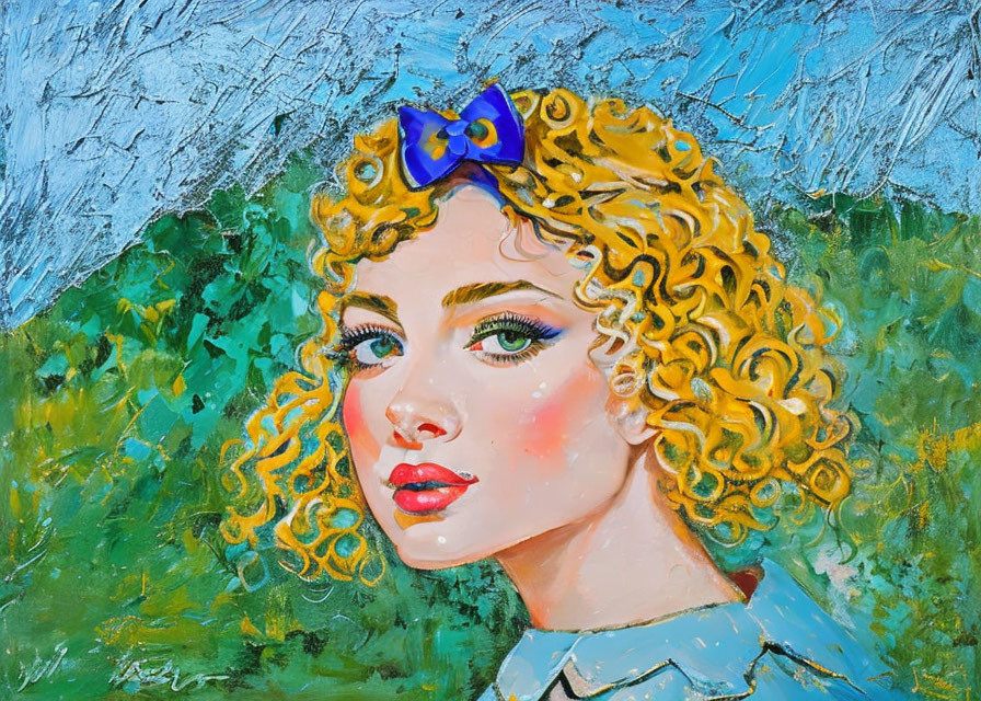 Portrait of Woman with Curly Blond Hair and Green Eyes on Textured Blue Background