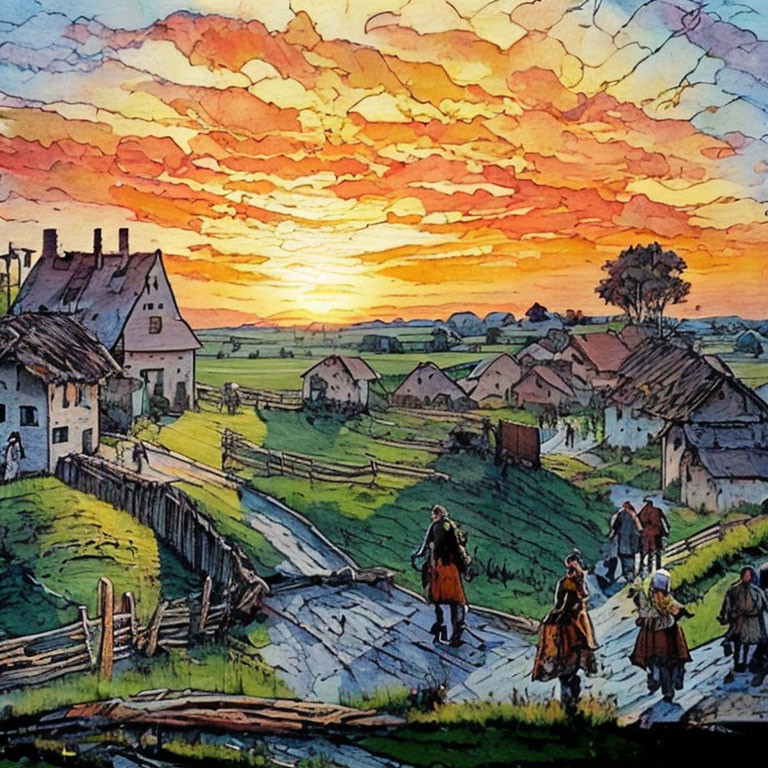 Colorful rural sunset painting with people, houses, and dramatic sky