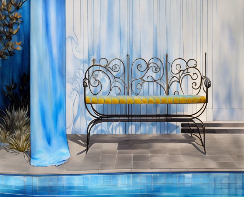 Metal bench with yellow cushions against blue curtains and tiled flooring by a pool