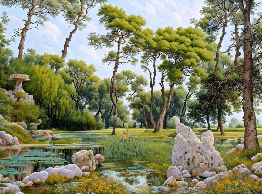 Tranquil landscape with pond, trees, and stone structure