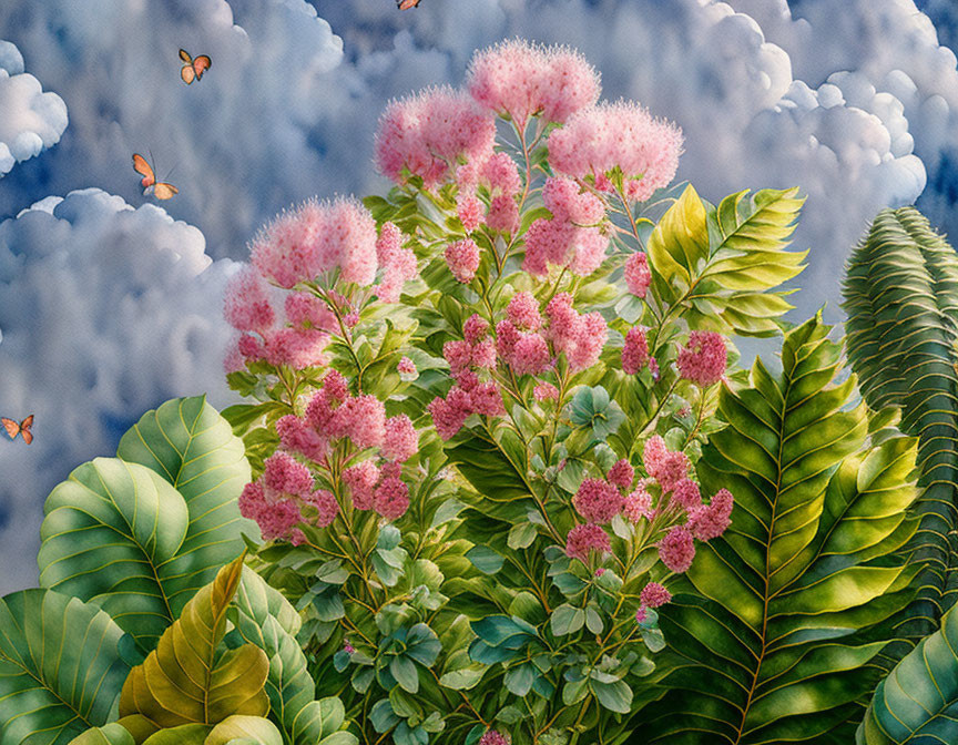 Colorful illustration of pink flowers and green leaves on whimsical backdrop