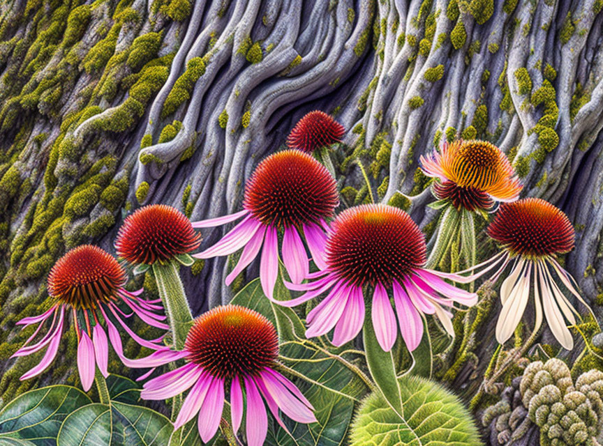 Vibrant Purple Coneflowers with Red Centers and Tree Roots Backdrop