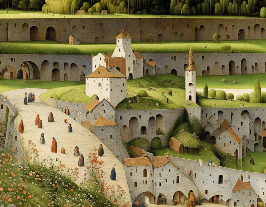 Detailed Painting of Fantastical Multi-Level Landscape with Arches, Towers, and Period-Attired