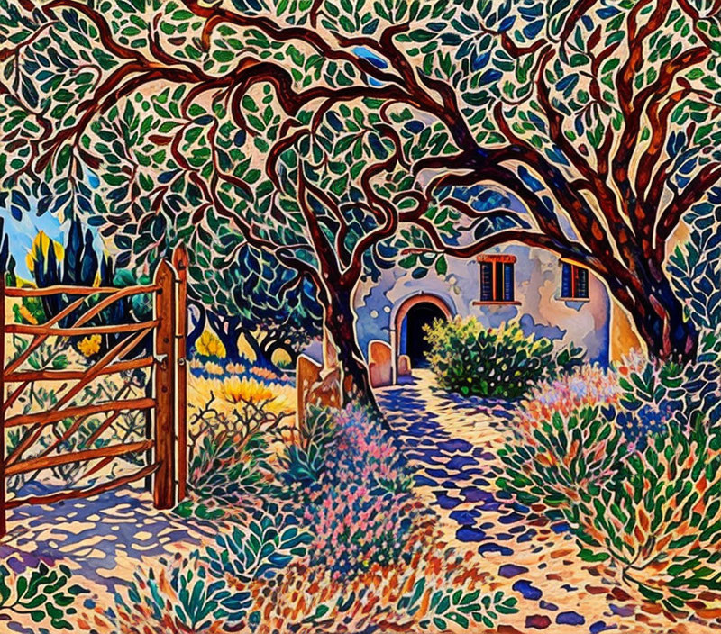 Colorful painting of rustic house with blue door, lush trees, flowers, and pathway.