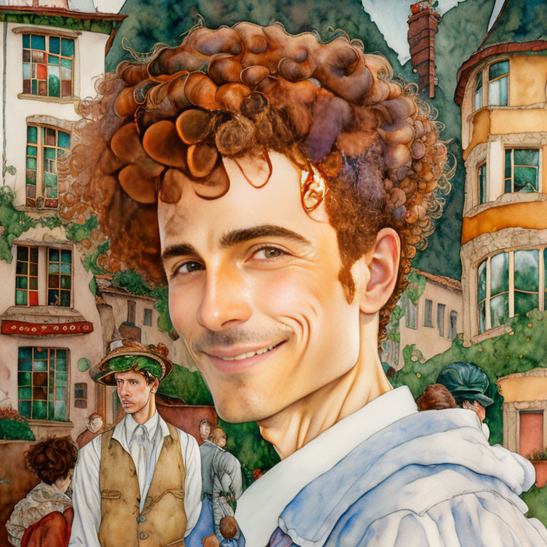 Whimsical portrait of a smiling man in colorful town