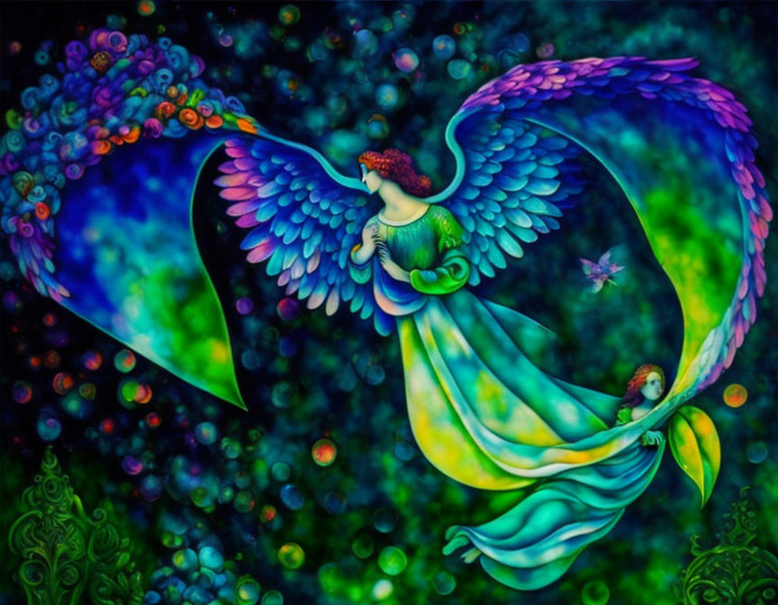 Colorful fantasy illustration of winged being in flowing garments with bubbles and starry backdrop