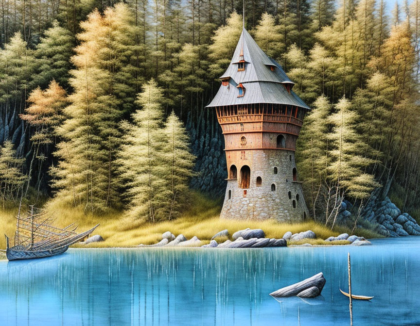 Stone tower with conical roof by tranquil lake in dense forest.