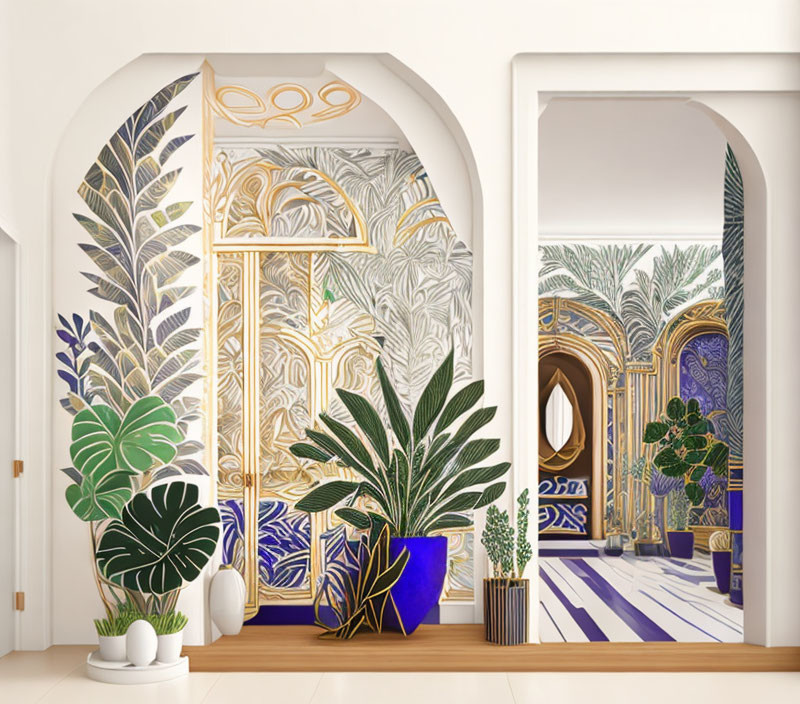 Modern interior with arched doorways, botanical panels, mirror, and plants