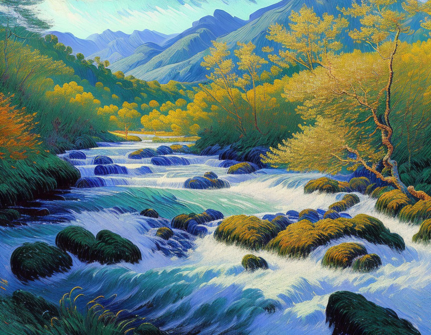 Scenic painting of cascading river, colorful trees, mountain.