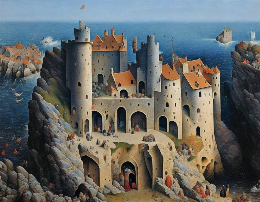 Medieval stone castle on coastal cliffs with towers and arches by the sea