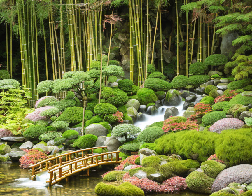 Japanese Garden with Stream, Moss-Covered Stones, Bamboo, and Bridge