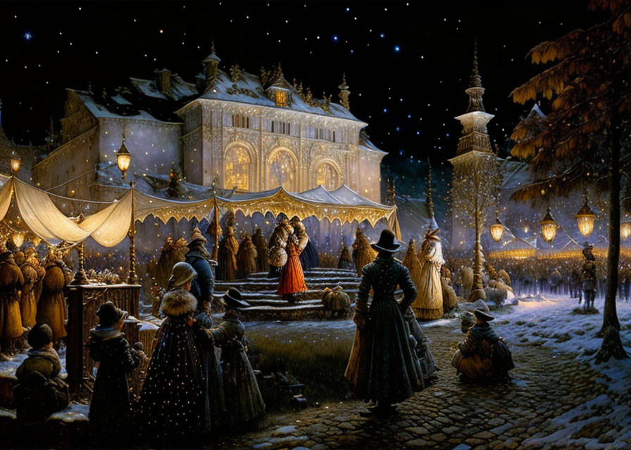 Victorian-era night market with illuminated stalls and grand manor in snowy landscape