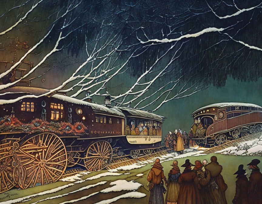 Victorian-era steam trains with holiday decorations at snowy station