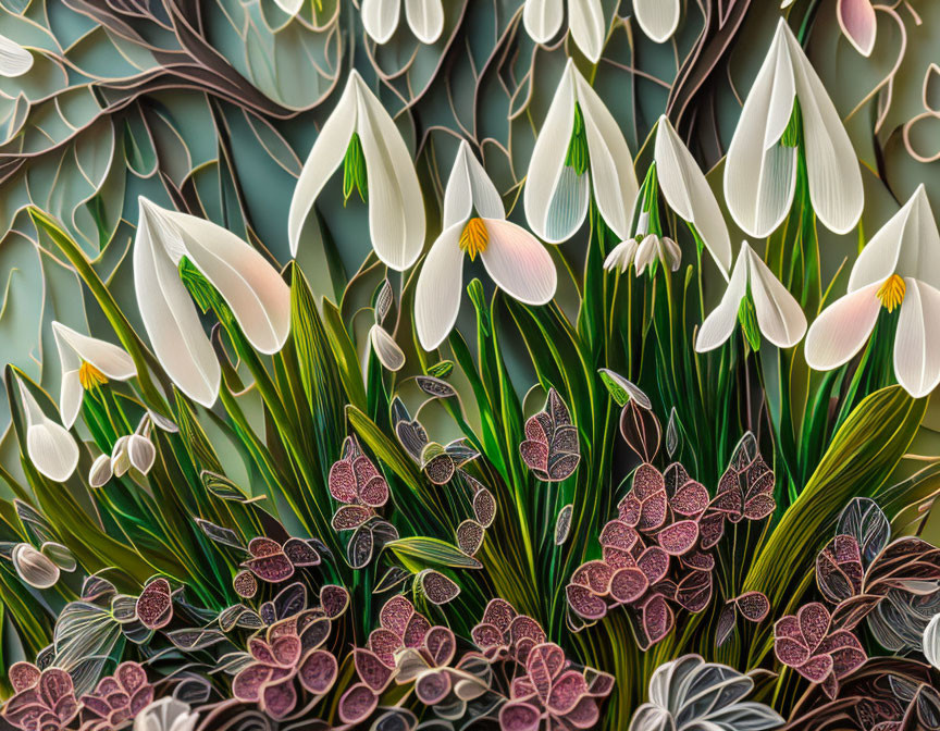 Detailed Paper Art: White and Yellow Snowdrops with Green Leaves and Purple-Veined Foliage