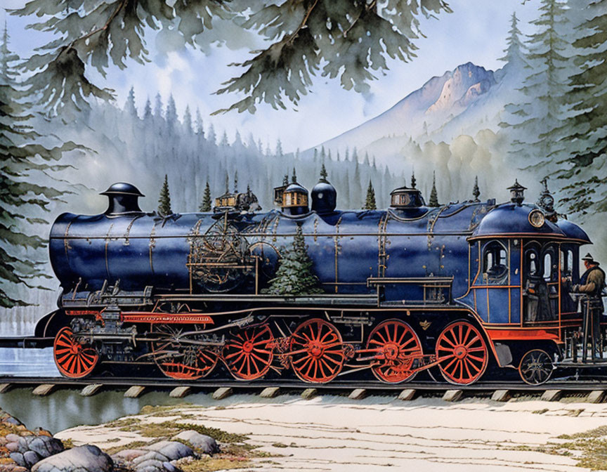 Vintage Steam Locomotive with Red Wheels in Forested Landscape