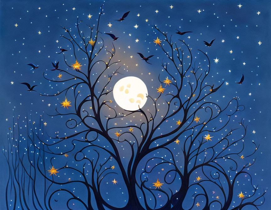 Night scene illustration with moon, tree branches, birds, and stars.