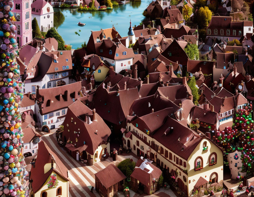 Detailed model village with river, colorful trees, and miniature figures