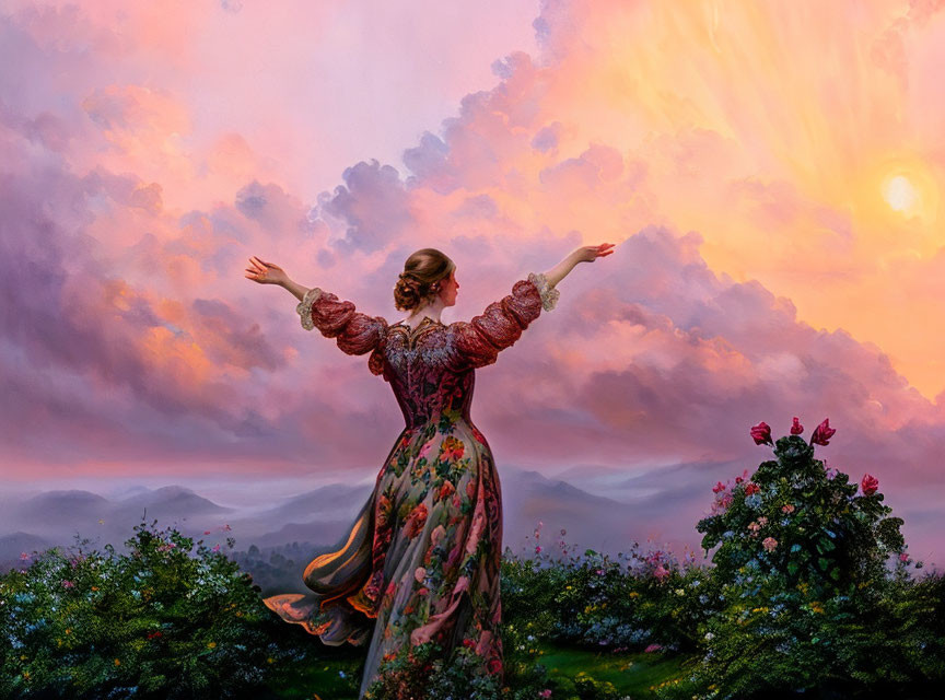 Woman in floral dress enjoying picturesque sunset with rolling hills