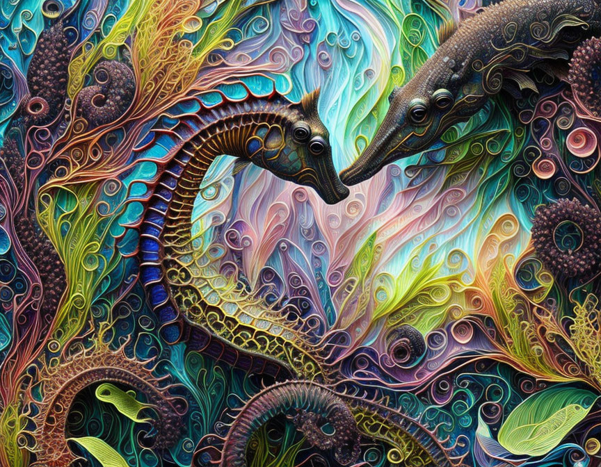 Vibrant digital art: two seahorses in intricate marine-themed patterns