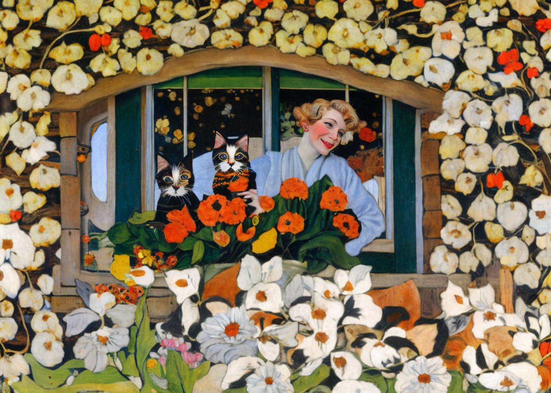 Woman Smiling in Flower-Framed Window with Two Cats