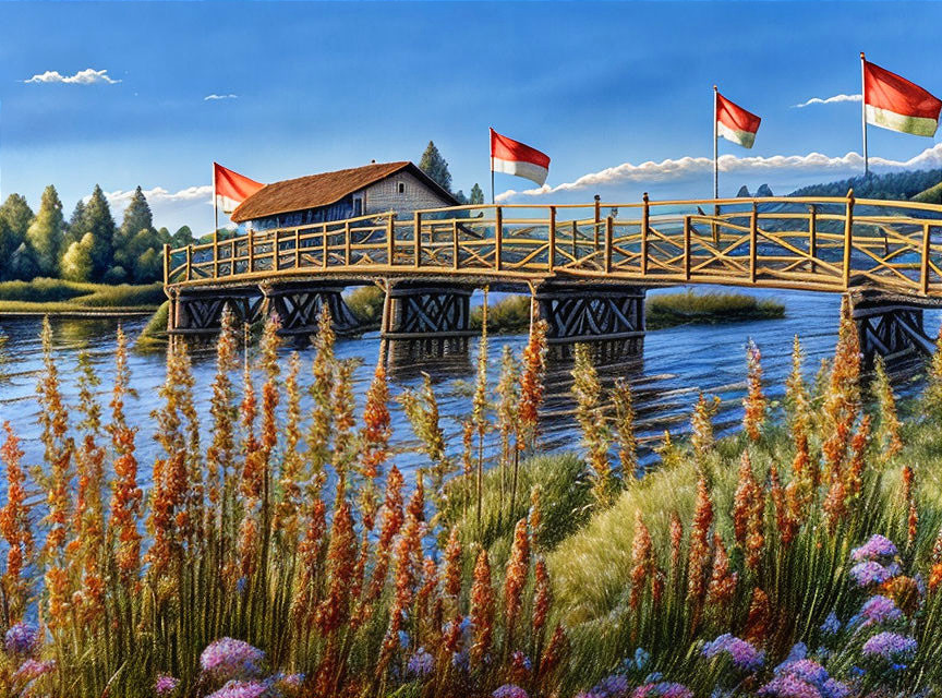 Wooden Bridge with Red and White Flags Leading to House in Vibrant Nature Scene