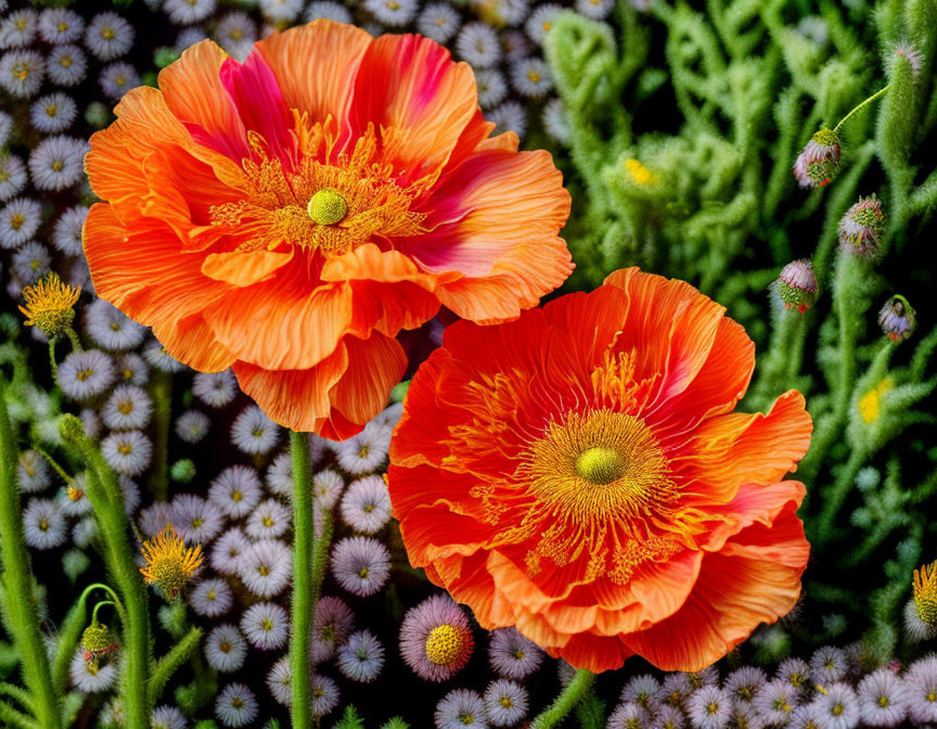 Colorful orange poppies with yellow centers and surrounding purple flowers and green foliage.