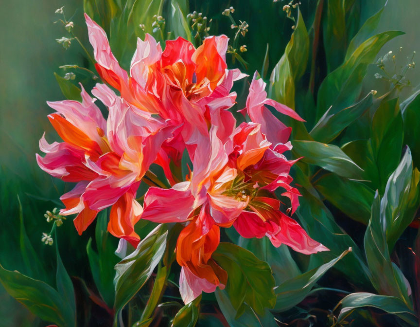 Colorful painting of pink and orange flowers with green leaves and white blossoms