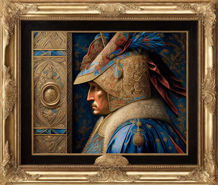 Regally attired figure in profile with ornate armor and headgear in golden frame