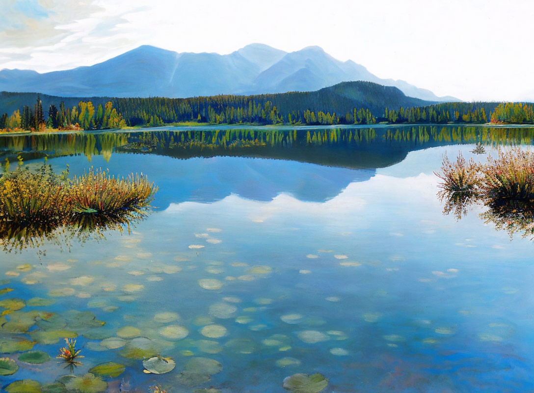 Tranquil lake with clear waters, lush trees, and distant mountains under a partly cloudy sky