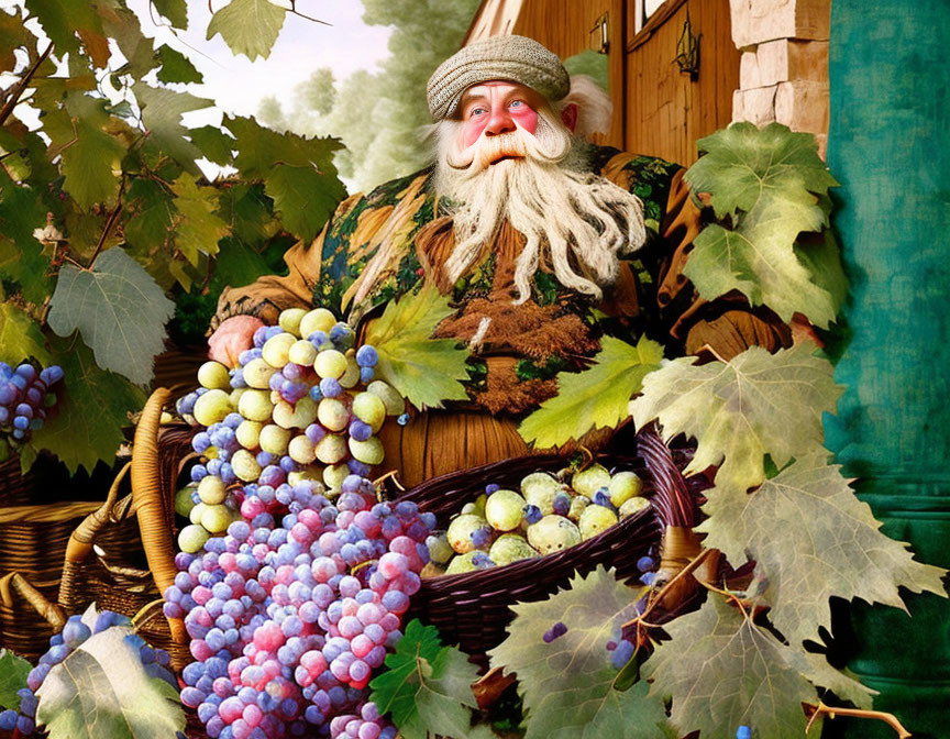 Nature spirit in leafy attire by wooden house with grapes