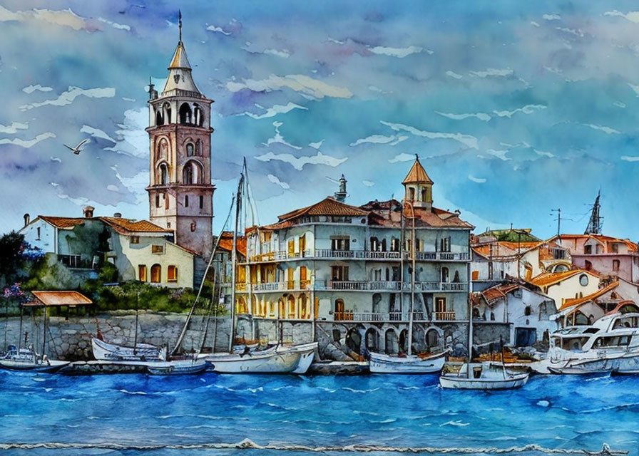 Serene seaside village watercolor painting with boats and historic buildings