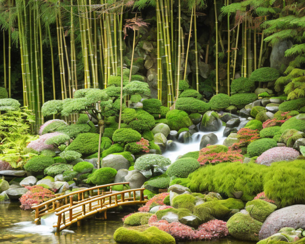 Japanese Garden with Stream, Moss-Covered Stones, Bamboo, and Bridge