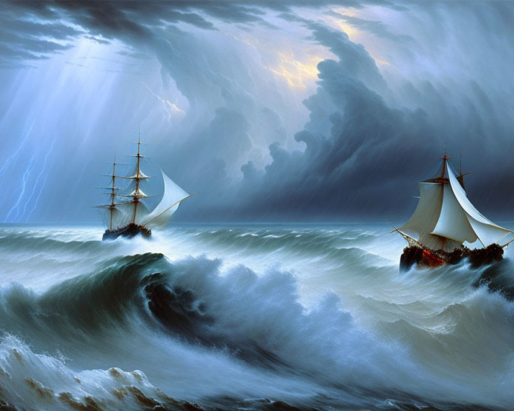 Stormy seas with two majestic ships and lightning