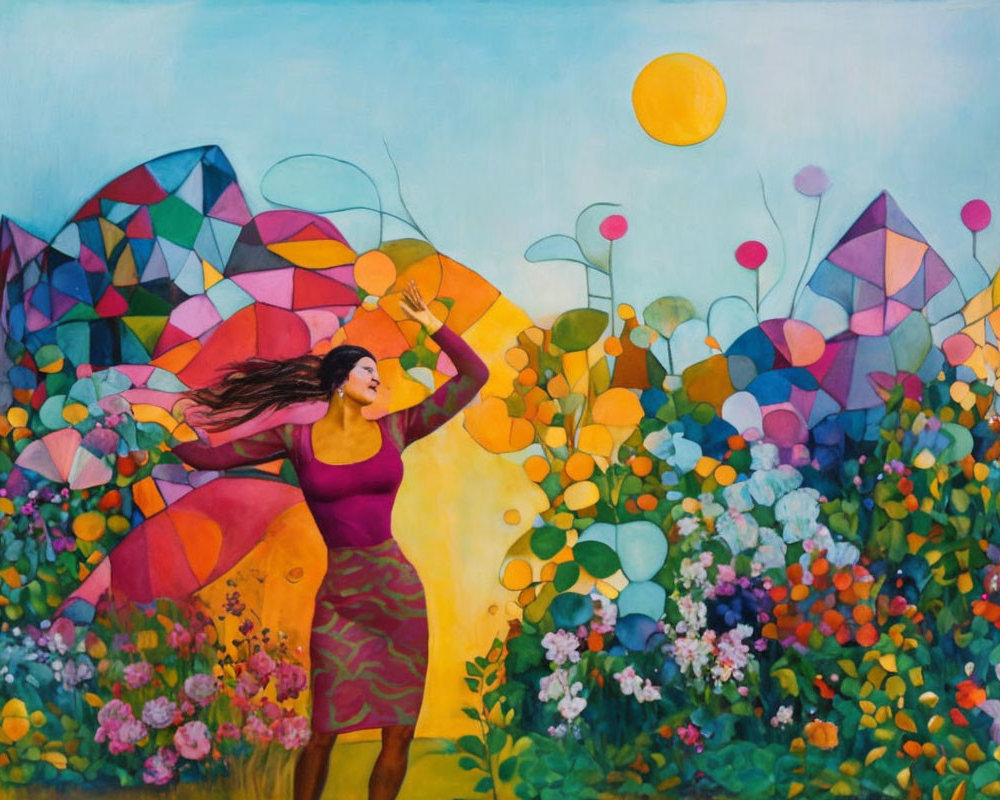 Colorful painting of woman in purple dress with flowers and sun in abstract landscape