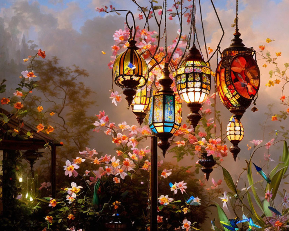 Vibrant hanging lanterns light up mystical garden with flowers and butterflies