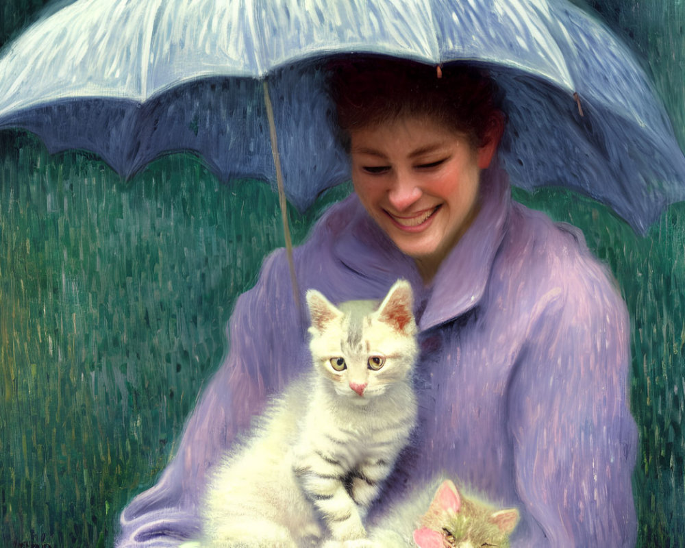 Person holding two kittens under umbrella in rain.