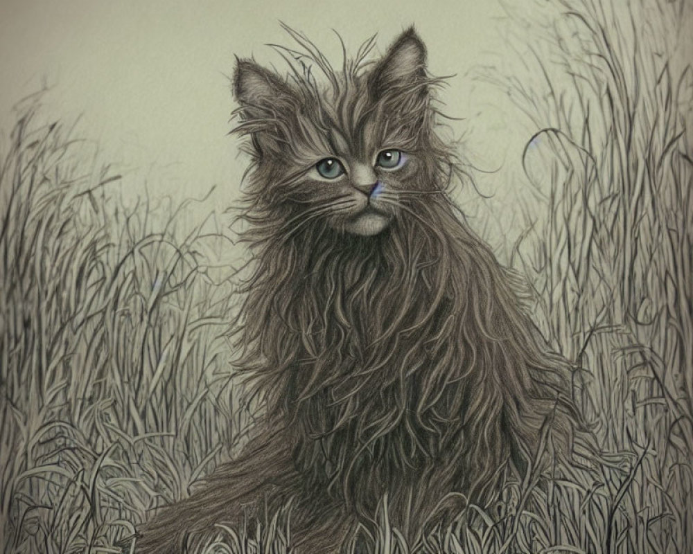 Realistic dark-furred cat with blue eyes in tall grass illustration