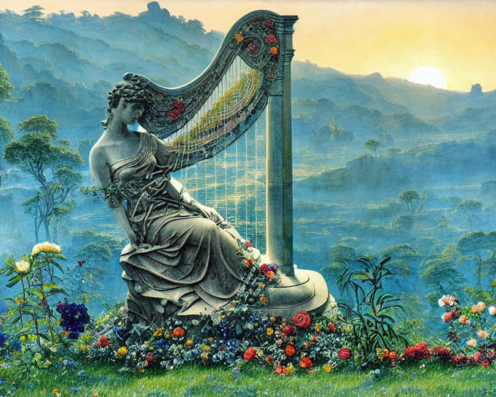 Serene artwork of woman playing harp in nature landscape