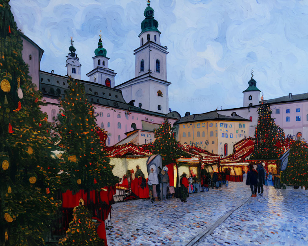 Festive Christmas Market with Red Stalls and Decorated Trees
