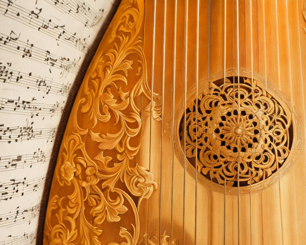 Ornate wooden lute with intricate carvings beside classical music sheet