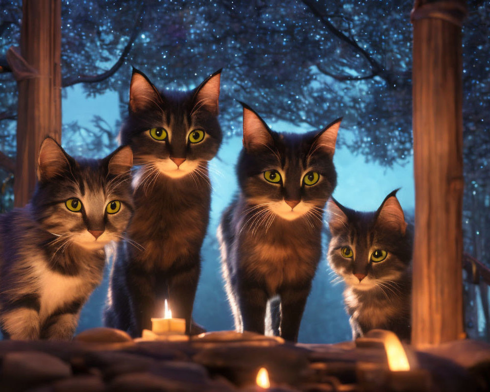 Four cats with green eyes around a candle in night scene