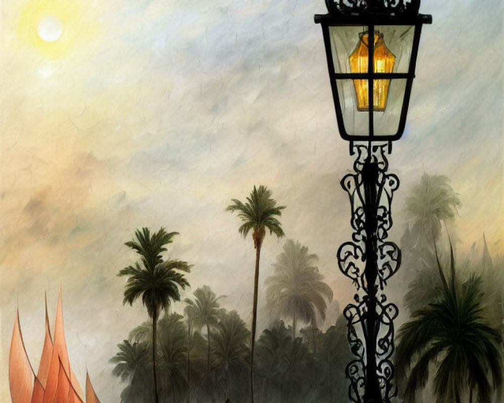 Ornate street lamp beside river with sailboats and palm trees at dusk